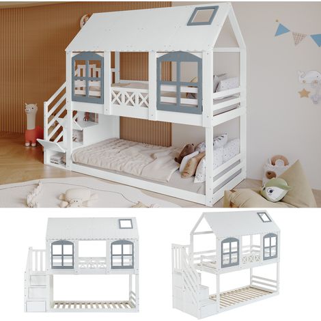 Lit superposé, lit d'enfant, lit d'enfant avec toit et fenêtre, avec barrière de sécurité, avec 3 casiers de rangement dans l'escalier, lit cabane enfants, 90x200cm, lit superposé enfant (1/5)