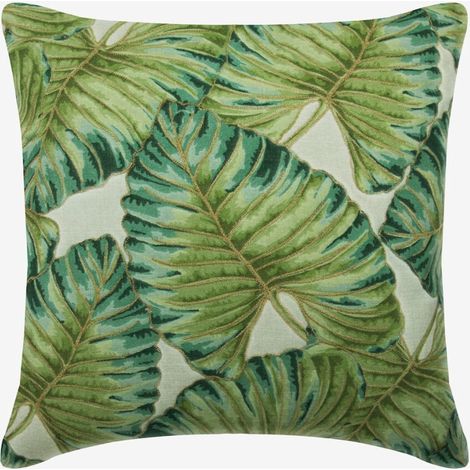 Fundas de almohada con cremallera HomeCentric, color verde, paquete de 2, 35,5 x 35,5 cm, algodón, estampado floral bordado con hojas tropicales y zardosi - Brisa Tropical