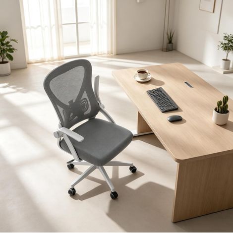 Chaise de bureau ergonomique grise avec dossier en filet et accoudoirs rabattables (1/5)
