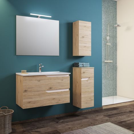 Mobile bagno sospeso 82 cm Quercia Naturale con specchio e lavabo - GRACE2 (1/4)