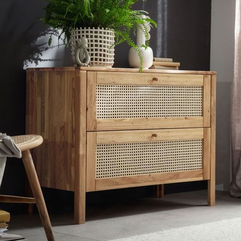 Commode 2 tiroirs en chêne et cannage naturel - KAPUI