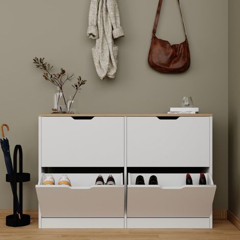 Schuhschrank Invorio, Schuhregal 4 Ebenen, 12 Paar, 4 Türen, 121x30x79h cm Weiß (1/5)