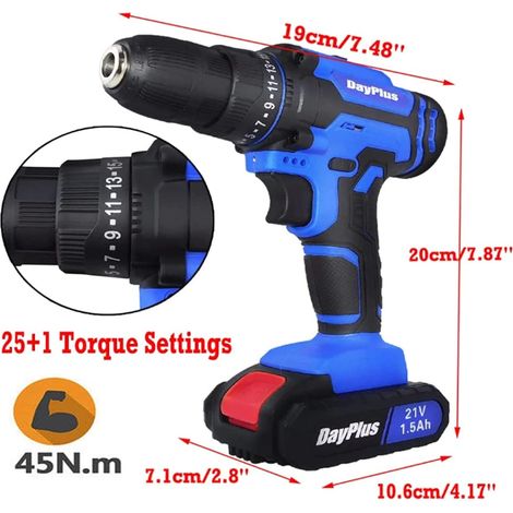 Perceuse portative sans fil, 21 V pour percer du métal/mur/bois, 2 x 1500 mAh, 45 Nm, réglage de couple 25 + 1, 2 vitesses, lumière LED (1/4)