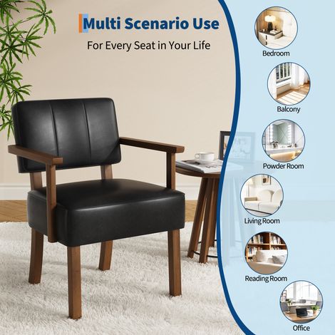 Fauteuil d'accent mid-century bois, cuir PU noir à rayures verticales (1/5)