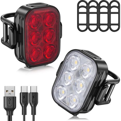 Deux éclairages de vélo avant et arrière, 4+6 modes, éclairages de vélo ultra-minces rechargeables par USB, charge rapide en 1,5 heure, étanches IP65, lumières LED haute intensité, adaptés à la condui