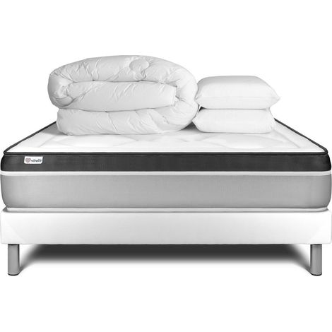 Komplettpaket Bett - Matratze 140x200 cm + Boxspringbett mit Lattenrost (im Set) + 2 Kopfkissen + Bettdecke - Vital Ergo