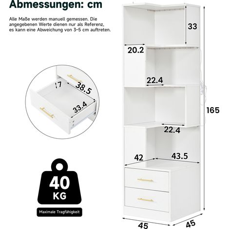 Weißes Eckregal 45 x 45 x 165 cm aus Spanplatten mit LED, platzsparend – MEUBLIV (1/5)