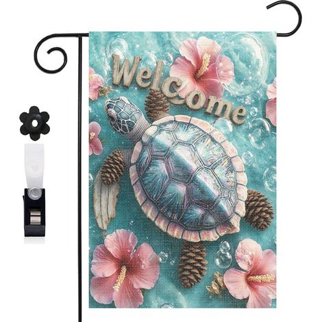 Drapeau de jardin bienvenue 30 x 45 cm motif tortue et vagues stylisées toile double face durable (1/5)