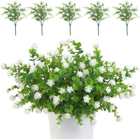 QORVA-Lot de 5 bouquets de fleurs artificielles blanches résistantes aux UV et de plantes vertes pour la décoration extérieure, intérieure, balcons, jardins, bureaux, mariages et fêtes.