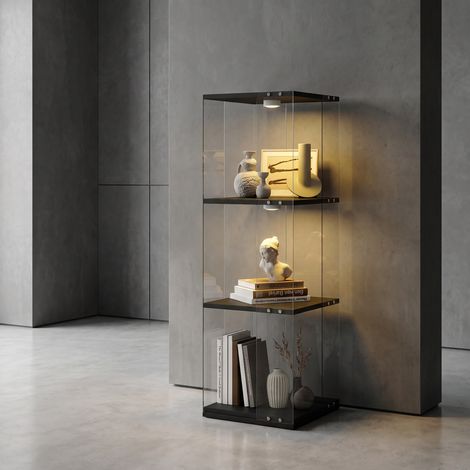 Vetrinetta in vetro girevole 360 gradi - 38x38x121 cm - mobile espositore a 3 ripiani con luci led per soggiorno e ufficio - stile moderno - nero (1/5)