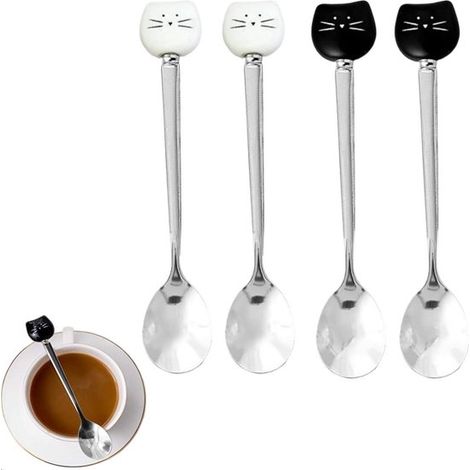 Juego de 4 cucharas de postre y café con forma de cabeza de gato (16 x 2,6 cm, blanco y negro), juego de cubiertos ideal como regalo para amantes de los gatos. (1/5)
