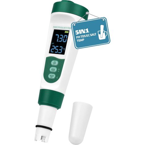 pH-Metre 5 en 1 Testeur pH EC TDS Sel(%) Thermomètre, Metre pH pour Piscine Eau Potable Spa Aquarium Hydroponie electronique PH-Mètre avec fonction ATC (1/5)