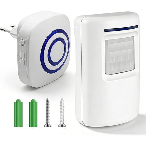 Sonnette sans Fil avec Détecteur de Mouvement PIR, Kit Carillon Entrée Magasin Maison, 1 Récepteur + 1 Capteurs, Alarme de Sécurité sans Fil avec 38 Mélodies et 3 Niveaux de Volume (1/5)