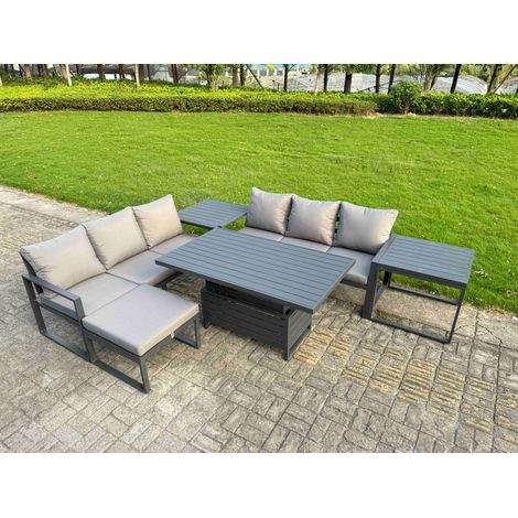 Fimous 6 Pieces Garden Furniture Set Aluminium Adjustable Rising Lifting Dining Table and Sofa Set with 2 Side Tables Big Footstool Dark Grey (1/5)