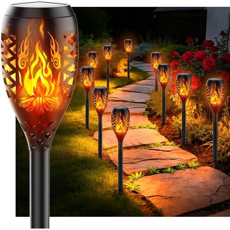 Lampes Solaires de Jardin pour Extérieur, [10 Pièces] Design Feu de Camp, Torches Solaires IP44 Étanches, Lampe Solaire pour Jardin, Allées, Cours, Pelouse (1/5)