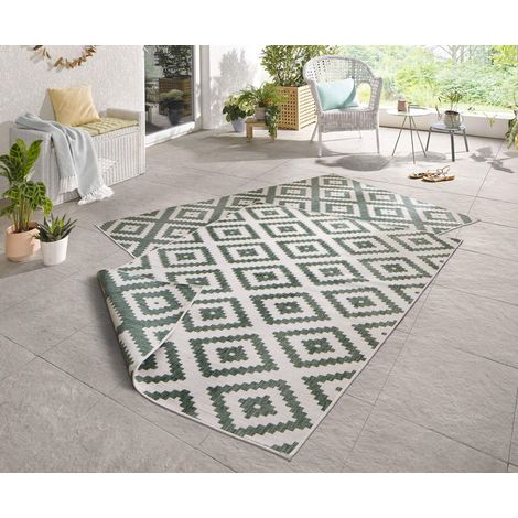 Tapis d'extérieur réversible résistant aux intempéries - Motif géométrique moderne - Pour balcon, terrasse, jardin, jardin d'hiver, salon - En polypropylène imperméable - Vert et crème (1/5)