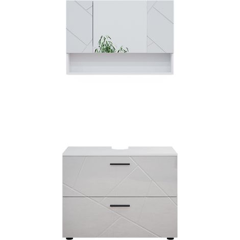 Conjunto de muebles de baño Irma, Blanco alto brillo, 2 partes, armario bajo 80 cm, Vicco