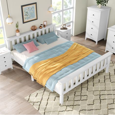Cama doble 82/208/148 cm blanca de madera maciza con somier de láminas (1/5)