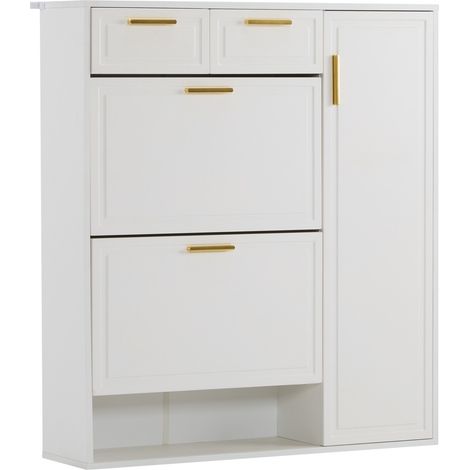 Mobile porta scarpe moderno bianco con ripiani regolabili, 2 cassetti e ante 95 x 24 x 107,5 cm (1/5)