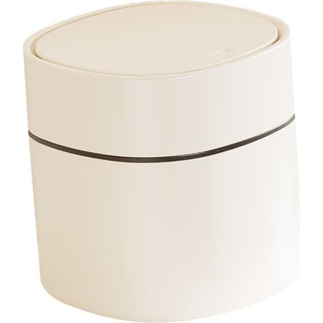 Mini poubelle en plastique blanc crème, facile à nettoyer et simple d'utilisation, idéale pour un bureau ou une salle d'étude. Couvercle à pression, 14 x 13 cm.