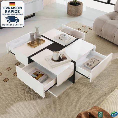 MODFU - Tavolino da caffè quadrato bianco con contenitore, 4 cassetti, tavolino laterale per divano, tavolo per soggiorno e camera da letto, 78x78x36 cm (1/5)