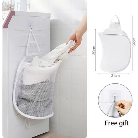 Cesta de lavandería plegable, organizador para ropa sucia, bolsa de malla para almacenamiento de ropa de baño, cesta colgante de pared para el hogar, cubo con marco blanco (1/5)