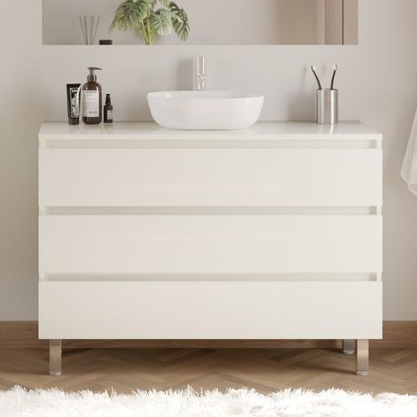 Meuble de salle de bain 120cm avec plateau et vasque à poser arrondie - 3 tiroirs - sans miroir - blanc brillant - MAYOR (1/5)