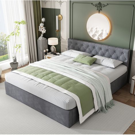 MEUBLIV Lit capitonné en velours gris 140 x 200 cm avec tête de lit capitonnée et sommier relevable hydraulique avec espace de rangement (1/4)