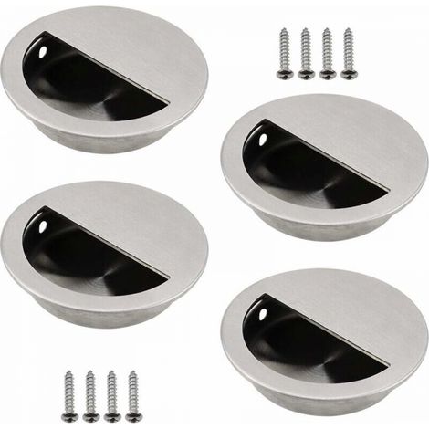 Lot de 4 Poignées Encastrables en Acier Inoxydable Argenté Poignée de Porte Coulissante Ronde Ø50mm avec un Trou Demi-Circulaire de 40 x 20mm Facile à Tirer - pour Porte Coulissante ou Autres Meubles (1/5)