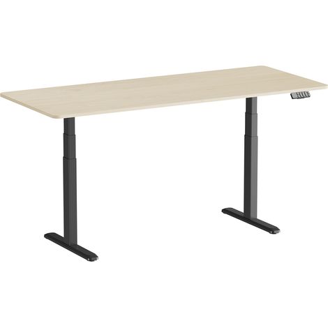 Bureau motorisé assis-debout 180x75cm, Plateau bois naturel à bords arrondis/Pied noir