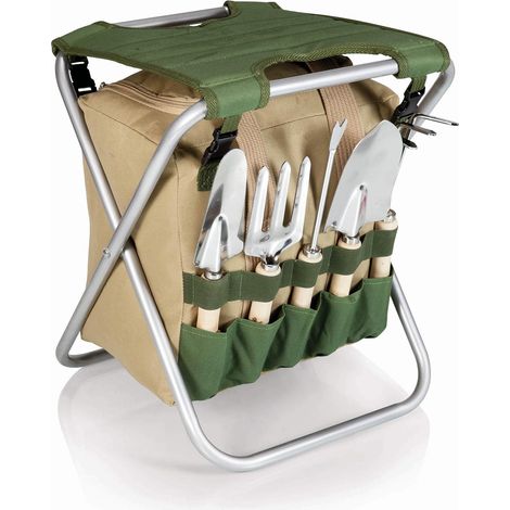 Siège de jardinier pliable avec outils, tabouret de jardin avec sac de rangement amovible, siège de chaise portable avec ensemble d'outils de jardin, vert olive avec accents beiges (1/5)