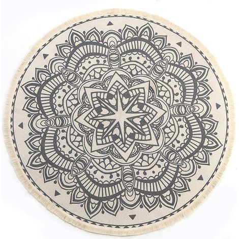 Tapis rond mandala style bohème avec franges - Classique et moderne, parfait pour la chambre ou le salon (120 cm) (1/4)