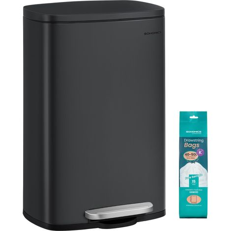 Poubelle Cuisine 50 L, Poubelle Bureau, Fermeture en Douceur, avec Pédale, en Acier, Seau Intérieur, Noir LTB050B02 (1/5)