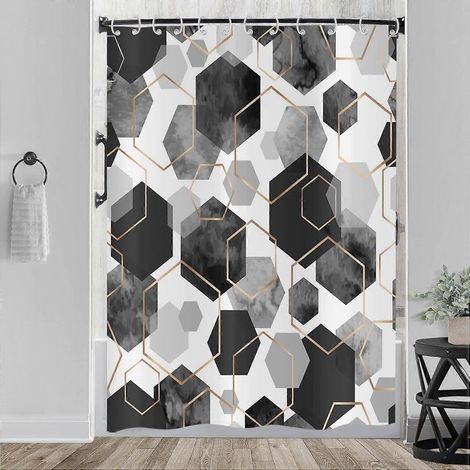 Rideau de douche noir 180x200, motif géométrique hexagonal abstrait moderne, tissu polyester imperméable et lavable, avec crochets (1/5)