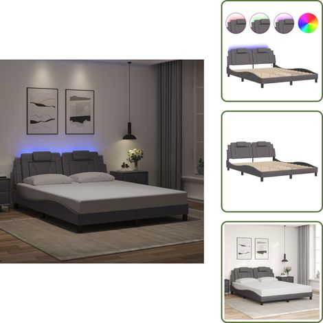 Cadre de lit avec LED sans matelas gris 160x200 cm - Lit Plateforme - Lit Design - Lit Avec Éclairage Led - Cadre Lit Gris - Tête De Lit Capitonnée (1/5)