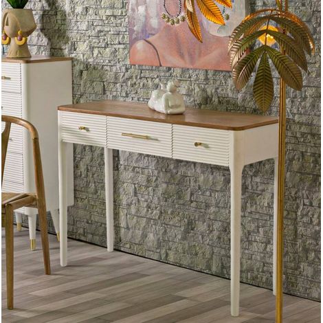 Dmora - Consola Crypto, Mesa multiusos, Gabinete de soporte, Escritorio de pasillo, 107x37 h80 cm, Blanco y Marrón (1/5)