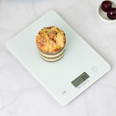 Balance de cuisine électronique de précision 5 kg/1 g avec plateau en verre trempé ultra-fin, écran tactile LCD multifonction rétroéclairé et 4 unités de pesée.-AquaForge