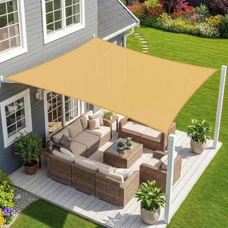 Voile d'ombrage rectangulaire sable 4 x 5 m, toile imperméable, protection UV 95 %, idéale pour l'extérieur, le jardin et la terrasse. (1/5)