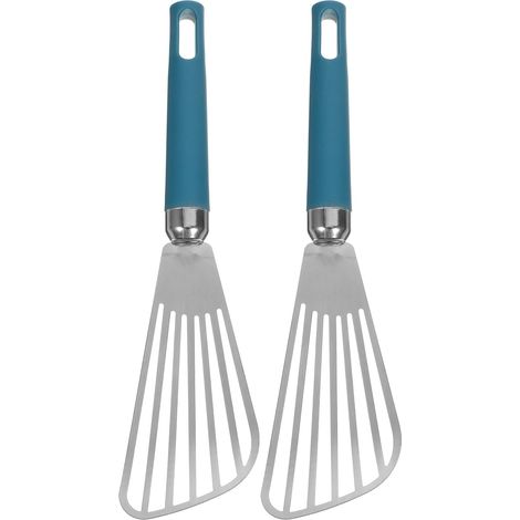 2pcs Pelles à Poissons en Acier Inoxydable Design Creux, Manche en Pp Bleu, Ustensiles Cuisine Résistants et Faciles à Nettoyer pour Plancha (1/5)