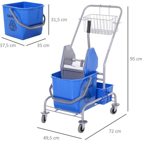 Chariot ménager bleu 25L avec seau à roulettes et essoreuse, porte-balai à crochets, nettoyage professionnel à 4 roues pivotantes (1/5)
