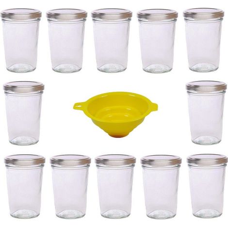 Viva Haushaltswaren - Vasetti in Vetro per marmellate, Salse, ECC., 12 Pezzi, capacità: 150 ml, Incluso Imbuto, Colore Tappo: Argento, Colore Imbuto: Giallo (1/4)