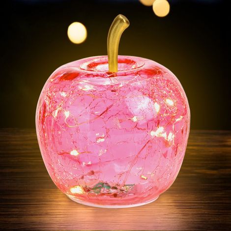 LED Glas Apfel 11 cm mit Timer - rosa - Deko Frucht in Bruchglas Optik