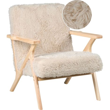 Armchair Light Beige Polyester Faux Fur Upholstery Retro Design Wooden Frame Armrests Living Room KISA (1/5)