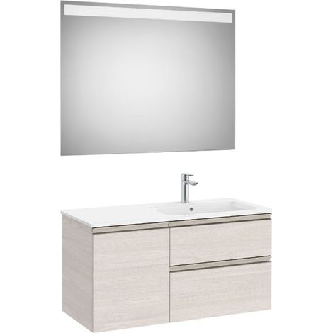 Pack meuble "The Gap" 1000 - 2 tiroirs +1 porte + lavabo à droite slim + miroir LED - frêne nordic/poignées nickel mat - Roca (1/2)