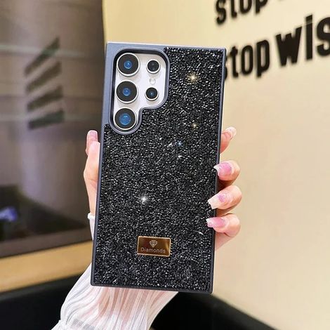 (Noir, Galaxy S25) Coque de téléphone luxueuse ornée de diamants scintillants et dotée d'une coque arrière antichoc