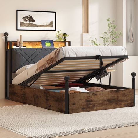 Lit coffre à baldaquin 90x190 cm noir en métal, structure amovible, LED avec appli et commande vocale, USB et USB-C, rangement hydraulique (1/5)