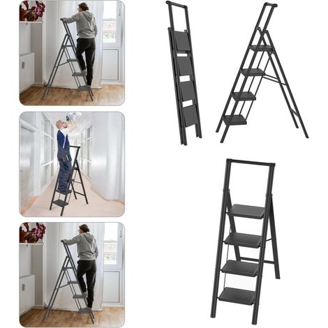 4 marches Escabeau escabeau pliable Escabeau pliable avec large pédale antidérapante et main courante Escabeau ménager multifonctionnel Escabeau jusqu'à 250KG Noir pour ménage, cuisine-DOU