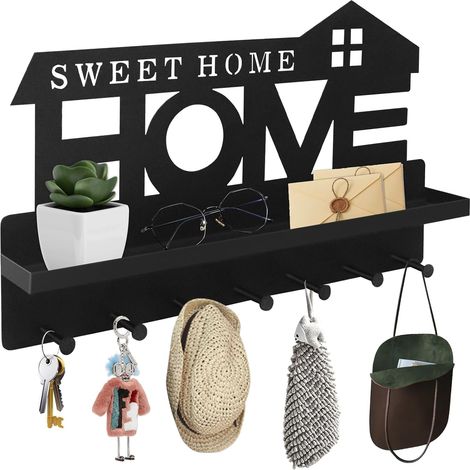 Porte Clef Mural avec étagère Sans Perçage Noir, Accroche Clef Mural Avec 7 Crochets, Boite a Clef Decorative de Couloir, Autocollant ou Perçage Support Clef Mural, Pour Entrée, Couloir, Cuisine (1/5)