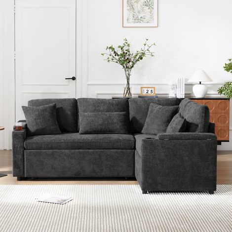 Canapé Lit D'Angle L-Shape 206x141cm - Avec Chaiselongue Fixe Droite - Accoudoir avec Porte-Gobelet et USB - 4 Coussins Inclus - Beige (1/5)