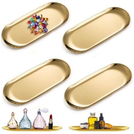 4 Pièces Plateau Doré, Plateau Ovale, Plateau de Rangemen Doré, Inoxydable Plateau Rangement en Métal pour Collation Fruits Bougies Bonbons, Clé, Cosmétiques, Bijoux (1/4)